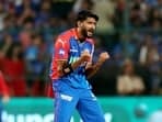 Delhi Capitals' Khaleel Ahmed celebrates a wicket.