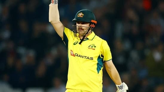 Australia's Travis Head celebrates completing 150 runs 