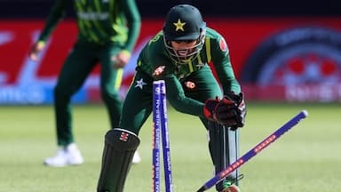 Mohammad Rizwan breaks the stumps in a run-out attempt during the ICC T20 World Cup 2022 match between Pakistan and Netherlands at the Perth Stadium