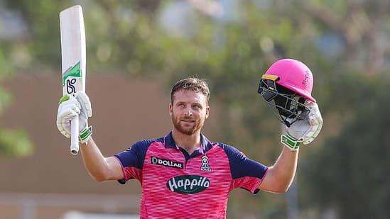 Rajasthan Royals' Jos Buttler celebrates his second IPL century which helped them score 193/8.&nbsp;