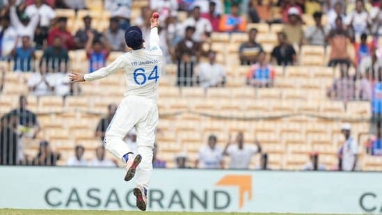 India's Yashasvi Jaiswal celebrates after taking the catch of Bangladesh's Zakir Hasan on the third day of the first Test.