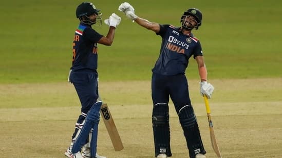 Bhuvneshwar Kumar and Deepak Chahar celebrate India's 3-wicket win against Sri Lanka in Colombo