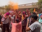 Shiromani Akali Dal workers celebrating after Harsimrat Kaur Badal's victory at Punjab's Bathinda on Tuesday.(Sanjeev/HT Photo)