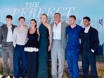 <p>(L-R) Sam Nivola, Billy Howle, Eve Hewson, Nicole Kidman, Liev Schreiber, Jack Reynor and Ishaan Khatter pose on the red carpet upon arrival to attend the the UK premiere of The Perfect Couple, (Photo by BENJAMIN CREMEL / AFP)</p>(AFP)