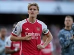 Arsenal's Martin Odegaard reacts after a match.