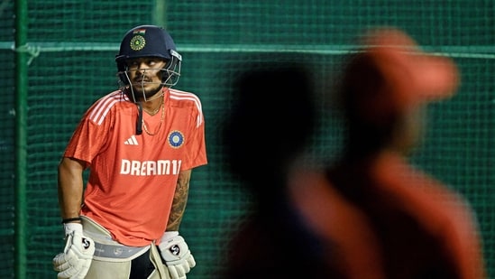 India's Ishan Kishan attends a practice session at the Y.S. Rajasekhara Reddy Cricket Stadium in Visakhapatnam on November 22, 2023