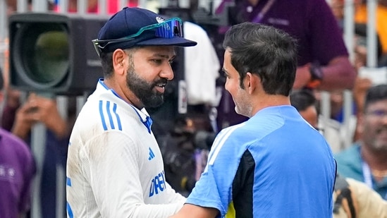 Indian Coach Gautam Gambhir and captain Rohit Sharma after winning the first test cricket match against Bangladesh