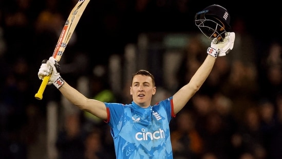 England's Harry Brook celebrates after reaching his century against Australia